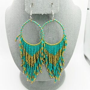 Bohemian Seed Beaded Turquoise Blue & Gold Yellow Tassel Fringe Dangle Earrings